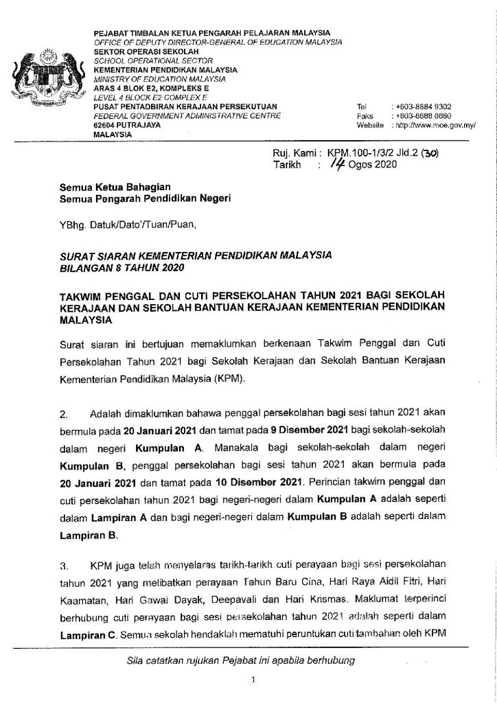 Takwim Persekolahan Tahun 2021 - KPM - i-3s